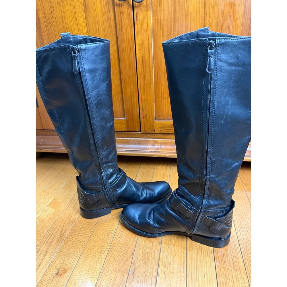 Tory Burch Colton Riding Boot Black Leather Tall Riding Boots‎ Embossed Logo 7M